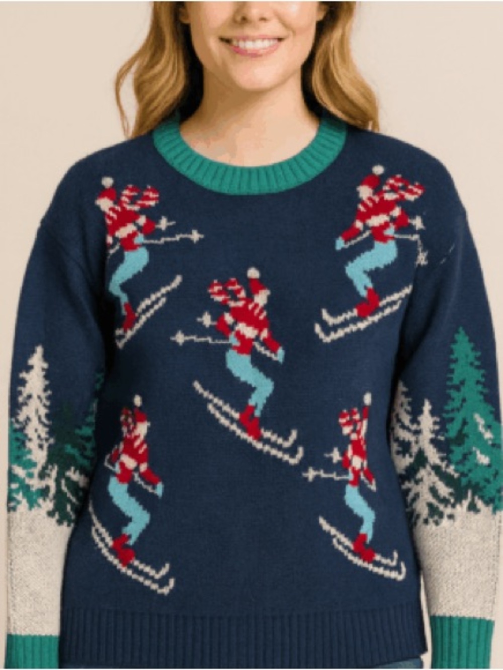 Navy Ski Pattern Crewneck Sweater - Green Trim XL - some of the Pom Poms missing